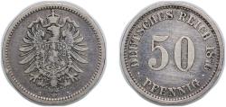 World Coins - Germany 1876 A 50 Pfennig - Wilhelm I (type 1 - large shield) Silver (.900) 2.68g VF KM 6 AKS 3 J 7 Schön DM 7