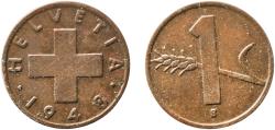 World Coins - Switzerland Federal State 1948 B 1 Rappen (wheat spike) Bronze (95% copper, 4% tin, 1% zinc) Bern Mint (10500000) 1.51g AU  HMZ 2 1216 Divo/Tob19 328 KM 46 Schön 41 Y 54
