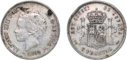 World Coins - Spain Kingdom 1892 *18-92 PGM 5 Pesetas - Alfonso XIII (2nd portrait) Silver (.900) Madrid Mint (7000000) 25g XF KM 700