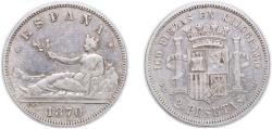 World Coins - Spain 1870 *18-75 DEM 2 Pesetas - Provisional Government Silver (.835) (4996834) 9.91g VF KM 654