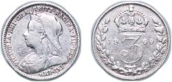 World Coins - Great Britain United Kingdom 1900 3 Pence - Victoria (3rd portrait; incl. Maundy) Silver (.925) (10644400) 1.4g VF KM 777 Sp 3942 Sp 3945