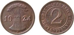 World Coins - Germany Weimar Republic 1924 A 2 Reichspfennig Bronze Berlin Mint (19619699) 3.24g AU  KM 38 AKS 54 J 314 Schön 37