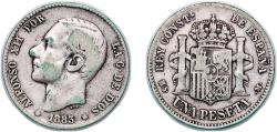 World Coins - Spain Kingdom 1883 MSM 1 Peseta - Alfonso XII (2nd portrait) Silver (.835) Madrid Mint (8445839) 4.84g VF KM 686 Cal 56