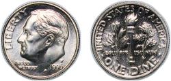 Us Coins - United States Federal republic 1996 W 1 Dime "Roosevelt Dime" Copper-nickel clad copper (91.67% Copper, 8.33% Nickel) (1457000) 2.24g BU KM 195a Schön 197a