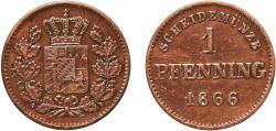 World Coins - Germany Kingdom of Bavaria Second Empire 1866 1 Pfenning - Maximilian II Copper Munich Mint (1485000) 1.21g XF  AKS 161, 185 Jaeg 5 Bay 91 KM 856 Wittelsbach 2889