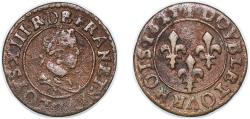 World Coins - France Kingdom 1621 Double Tournois - Louis XIII (Poitiers; 2nd type) Copper Paris Mint 2.9g VF CGKL 412 Dy royales 1358 KM 43.3