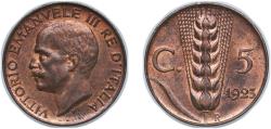 World Coins - Italy Republic 1923 R 5 Centesimi - Victor Emmanuel III Copper (29614000) 3.24g UNC KM 59 Schön 59