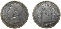 World Coins - Spain Kingdom 1905 SMV 1 Peseta - Alfonso XIII (4th portrait) Silver (.835) Madrid Mint (492000) 5g VF KM721 Cal49