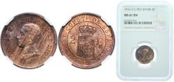 World Coins - Spain Kingdom 1911 *11 PCV 2 Centimos - Alfonso XIII (5th portrait) Bronze (95% copper, 4% tin, 1% zinc) Madrid Mint (2284000) 2g NGC MS 61  KM 732