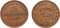 World Coins - Germany Kingdom of Prussia German states 1867 B 3 Pfenninge - William I Copper Hanover Mint 4.47g AU  AKS 106 Old/Mue 2 424, 427, 431 KM 482 Neum 17 Schr 162-188