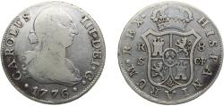 World Coins - Spain Kingdom 1776 S CF 8 Reales - Carlos III Silver (.903) Seville mint 26.3g VF KM414.2