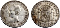 World Coins - Spain Kingdom Alfonso XIII 1890 *18-90 PGM 5 Pesetas 1st portrait