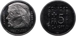World Coins - Switzerland Federal State 1977 5 Francs (Johann Heinrich Pestalozzi) Copper-nickel (65% copper, 35% nickel) Bern Mint (802000) 13.13g UNC HMZ 2 1223m KM 55 Schön 50