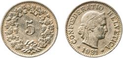 World Coins - Switzerland Federal State 1931 B 5 Rappen (Libertas; copper-nickel) Copper-nickel (75% copper, 25% nickel, non-magnetic) Bern Mint (5037000) 1.98g XF  HMZ 2 1212 Divo/Tob19 319 KM