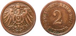 World Coins - Germany Second Empire 1905 A 2 Pfennig - Wilhelm II (type 2 - small shield) Copper Berlin Mint (5171865) 3.26g VF  KM 16 AKS 19 J 11 Schön 11 Neum 34
