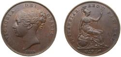 World Coins - Great Britain United Kingdom 1855 1 Penny - Victoria (1st portrait) Copper 18.9g AU KM 739 Sp 3948