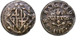 World Coins - Spain Principality of Catalonia Kingdom 1814 4 Quartos (Cast coinage) Copper Barcelona Mint 7.95g VF Cal 78 KM 67a