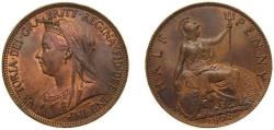 World Coins - Great Britain United Kingdom 1897 ½ Penny - Victoria (3rd portrait) Bronze Royal Mint (Tower Hill) (8690000) 5.6g AU Corrossion KM 789