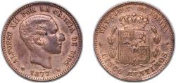 World Coins - Spain Kingdom 1877 OM 5 Centimos - Alfonso XII Bronze (95% copper, 4% tin, 1% zinc) Barcelona Mint (34376000) 4.85g XF KM 674 Cal 70