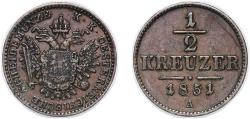 World Coins - Austria Archduchy of Austria 1851 A ½ Kreuzer Copper Münze Österreich, Vienna 2.70g AU KM 2181 ÉH 1449 H 2188-2190 Adamo M2