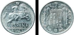 World Coins - Spain Nationalist Government 1941 10 Centimos - Iberian rider Aluminium (97.5% aluminium, 2.5% copper) Royal Mint of Spain 1.88g XF  KM 766 Schön 24