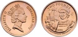 World Coins - United Kingdom Gibraltar 1992 PM 2 Pounds - Elizabeth II (Christopher Columbus) Virenium Pobjoy Mint 7.95g BU  KM 98 Schön 123