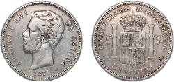World Coins - Spain Kingdom 1871 *18-73 DEM 5 Pesetas - Amadeo I Silver (.900) Madrid Mint (2870000) 24.82g VF KM 666 Cal 5