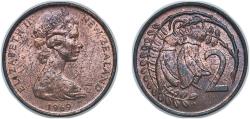 World Coins - New Zealand 1969 2 Cents - Elizabeth II (2nd portrait) Bronze 3.95g UNC KM 32
