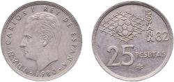 World Coins - Spain Kingdom 1980 25 Pesetas - Juan Carlos I (España '82) Copper-nickel (75% copper, 25% nickel) Royal Mint of Spain (100000000) 8.43g AU  KM 818 Schön 48