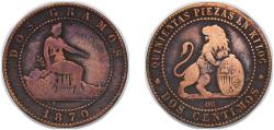 World Coins - Spain Kingdom 1870 OM 2 Centimos - Provisional Government Bronze (95% copper, 4% tin, 1% zinc) Casa de la Moneda de Barcelona, La Seca (115869000) 1.96g VF KM 661 Cal 26