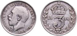 World Coins - Great Britain United Kingdom Kingdom 1916 3 Pence - George V (1st issue; incl. Maundy) Silver (.925) Royal Mint (Tower Hill) (18555200) 1.39g VF Scratches  KM 813 Sp 4015 Sp 4018