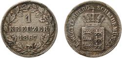 World Coins - Germany Kingdom of Württemberg German states 1867 1 Kreuzer - Karl I Billon (.166 silver) Staatliche Münze Baden-Württemberg Mint (1186888) 0.81g XF  AKS 128 KR 116 Jaeg 1 Wu 82 K