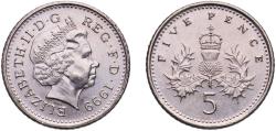 World Coins - Great Britain United Kingdom Kingdom 1999 5 Pence - Elizabeth II (4th portrait; Crowned Thistle) Copper-nickel (75% Cu, 25% Ni) Royal Mint (195490000) 3.27g UNC  KM 988 Sp D5