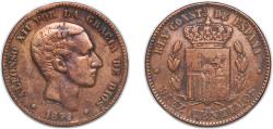 World Coins - Spain Kingdom 1879 OM 10 Centimos - Alfonso XII Bronze (95% copper, 4% tin, 1% zinc) Casa de la Moneda de Barcelona, La Seca (56313000) 10.03g XF KM 675 Cal 66