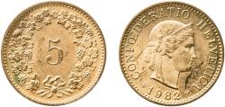 World Coins - Switzerland Federal State 1982 5 Rappen (Libertas; aluminium-bronze) Aluminium bronze (92% copper, 6% aluminium, 2% nickel) Bern Mint (75340000) 1.83g UNC  HMZ 2 1212 Divo/Tob19 –
