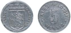 World Coins - Germany City of Elberfeld Second Empire 1917 5 Pfennig - Elberfeld Zinc Adam Donner Mint 1.41g XF Funck 111.1 Men05 6413.1 Men18 8040.1