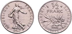 World Coins - France Fifth Republic 2000 ½ Franc (signature "O. Roty") Nickel Paris Mint (75100513) 4.5g AU  Franc 2014 198 Gad 1789 429 KM 931.1 Schön 232
