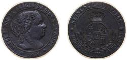 World Coins - Spain Kingdom 1868 OM ½ Centimo de Escudo - Isabel II Bronze Seville Mint 1.25g AU KM 632 Cal 668