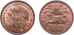 World Coins - Mexico United Mexican States 1971 Mo 20 Centavos (Type 3 National Emblem) Brass (95% Copper, 5% Zinc) 9.94g UNC KM 441 Schön 67