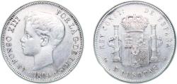 World Coins - Spain Kingdom 1896 *18-96 PGV 5 Pesetas - Alfonso XIII (3rd portrait) Silver (.900) Madrid Mint (4272000) 24.89g XF  KM 707