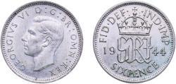 World Coins - Great Britain United Kingdom United Kingdom 1944 6 Pence - George VI (1st coinage) Silver (.500) Royal Mint (Tower Hill) (37952600) 2.86g UNC  KM 852 Sp 4084 Schön 38