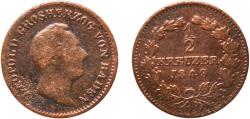 World Coins - Germany Grand Duchy of Baden German states 1849 ½ Kreuzer - Leopold I Copper Staatliche Münze Baden-Württemberg Mint (102000) 1.96g VF  AKS 109 Jaeg 2 AB 43 KM 213