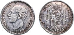 World Coins - Spain Kingdom 1881 MSM 2 Pesetas - Alfonso XII Silver (.835) Madrid Mint 8.74g VF KM 678 Cal 46