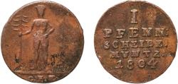 World Coins - Germany Brunswick-Lüneburg-Calenberg-Hannover Holy Roman Empire 1804 1 Pfenning - George III Copper 3.05g VF  Welter 2884 KM 330 Schön DM 321; A321