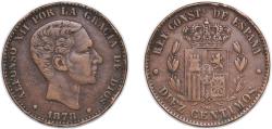World Coins - Spain Kingdom 1878 OM 10 Centimos - Alfonso XII Bronze (95% copper, 4% tin, 1% zinc) (68740000) 11.17g XF KM 675 Cal 66