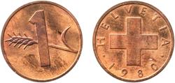 World Coins - Switzerland Federal State 1980 1 Rappen (wheat spike) Bronze (95% copper, 4% tin, 1% zinc) Bern Mint (1040000) 1.5g UNC  HMZ 2 1216 Divo/Tob19 328 KM 46 Schön 41 Y 54
