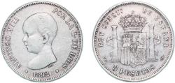 World Coins - Spain Kingdom 1892 *??-92 PGM 5 Pesetas - Alfonso XIII (1st portrait) Silver (.900) Madrid Mint (7000000) 24.98g VF  KM 689