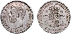 World Coins - Spain Kingdom 1871 *18-74 DEM 5 Pesetas - Amadeo I Silver (.900) Madrid Mint (5075000) 25g XF KM 666 Cal 5