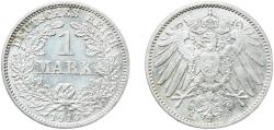 World Coins - Germany Second Empire 1913 J 1 Mark - Wilhelm II (type 2 - small shield) Silver (.900) (Ag 900, Cu 100) Hamburg Mint (367623) 5.54g AU  KM 14 AKS 2 J 17 Schön 18