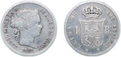 World Coins - Spain Kingdom 1862 4 Reales - Isabel II Silver (.900) Madrid Mint 5.05g VF KM 608
